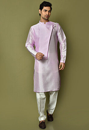 Solid Color Art Silk Kurta Set in Light Purple