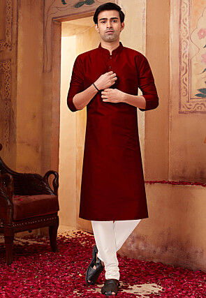 Solid Color Art Silk Kurta Set in Maroon