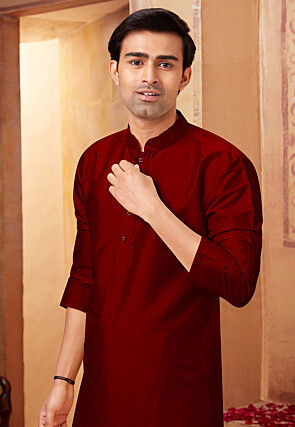 Solid Color Art Silk Kurta Set in Maroon