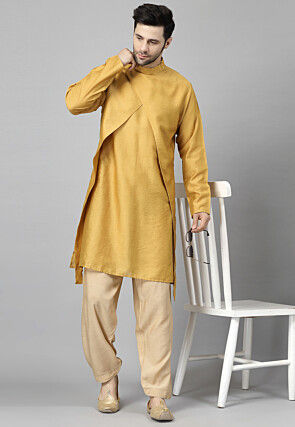 Solid Color Art Chanderi Silk Kurta Set in Mustard