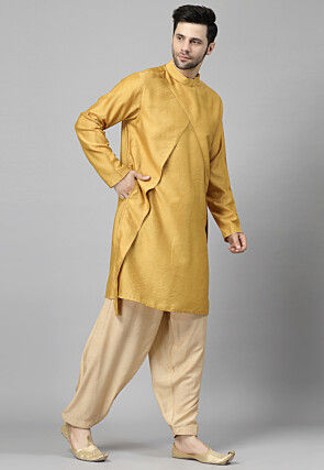 Solid Color Art Chanderi Silk Kurta Set in Mustard