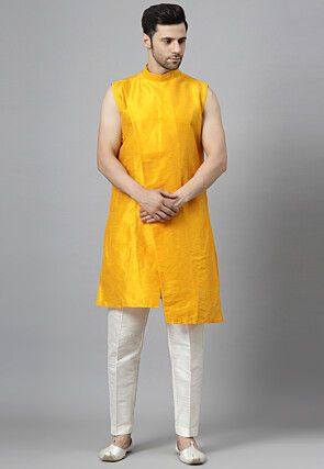 Solid Color Art Silk Kurta Set in Mustard