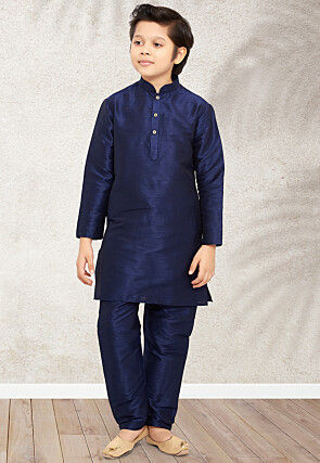 Solid Color Art Silk Kurta Set in Navy Blue and