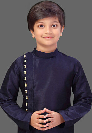 Solid Color Art Silk Kurta Set in Navy Blue