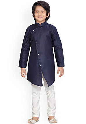 Solid Color Art Silk Kurta Set in Navy Blue