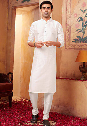 Solid Color Art Silk Kurta Set in Off White