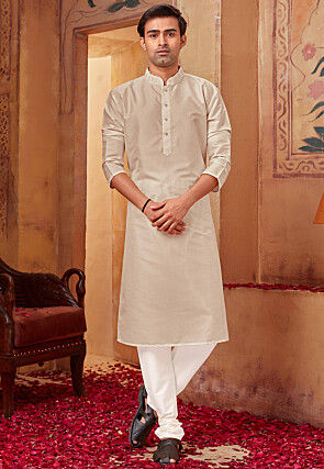 Solid Color Art Silk Kurta Set in Off White
