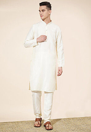 Solid Color Art Silk Kurta Set in Off White