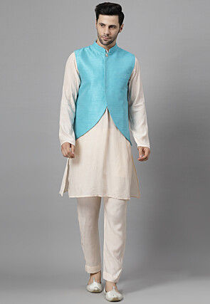 Solid Color Art Muslin Silk Kurta Set in Off White