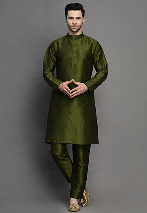 Solid Color Art Silk Kurta Set in Olive Green