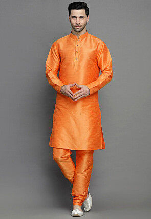 Solid Color Art Silk Kurta Set in Orange