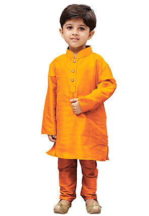 Solid Color Art Silk Kurta Set in Orange