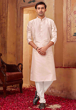 Solid Color Art Silk Kurta Set in Peach