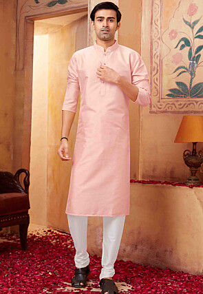 Solid Color Art Silk Kurta Set in Peach