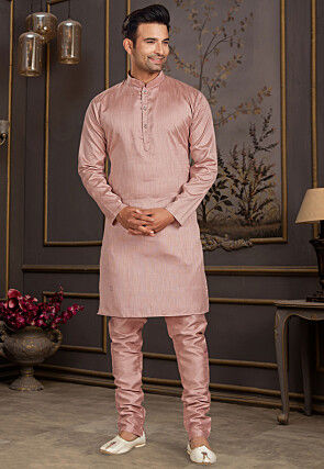 Solid Color Art Silk Kurta Set in Peach