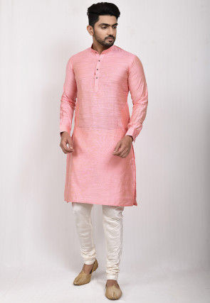 Solid Color Art Silk Kurta Set in Peach
