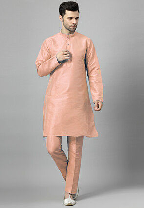 Solid Color Art Silk Kurta Set in Peach