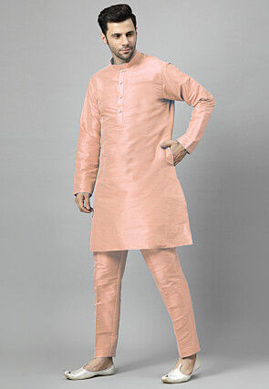 Solid Color Art Silk Kurta Set in Peach