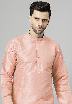 Solid Color Art Silk Kurta Set in Peach