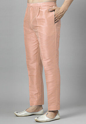 Solid Color Art Silk Kurta Set in Peach