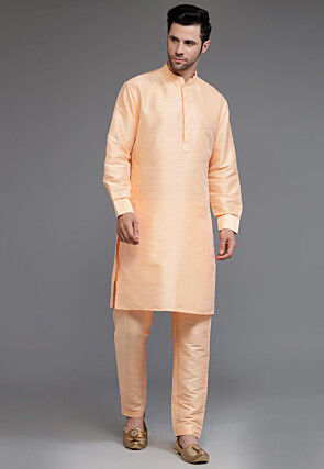 Solid Color Art Silk Kurta Set in Peach