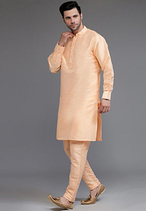 Solid Color Art Silk Kurta Set in Peach