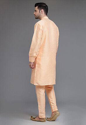 Solid Color Art Silk Kurta Set in Peach
