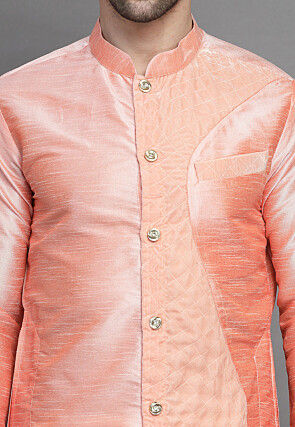 Solid Color Art Silk Kurta Set in Peach