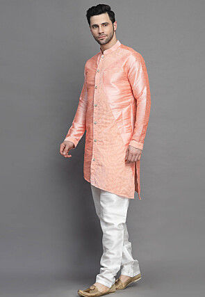 Solid Color Art Silk Kurta Set in Peach