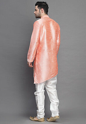 Solid Color Art Silk Kurta Set in Peach