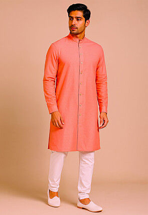 Solid Color Art Silk Kurta Set in Peach