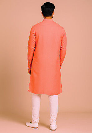 Solid Color Art Silk Kurta Set in Peach