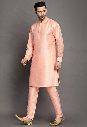 Solid Color Art Silk Kurta Set in Peach