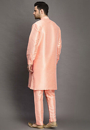 Solid Color Art Silk Kurta Set in Peach