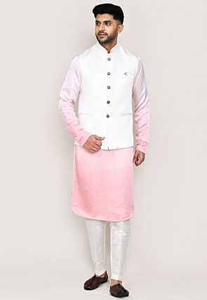Solid Color Art Silk Kurta Set in Pink and Off White