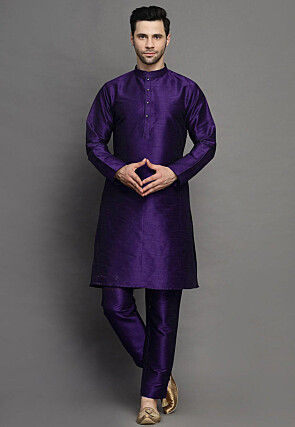 Solid Color Art Silk Kurta Set in Purple