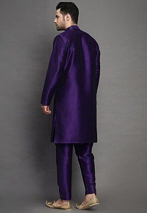 Solid Color Art Silk Kurta Set in Purple