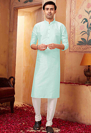 Solid Color Art Silk Kurta Set in Sea Green
