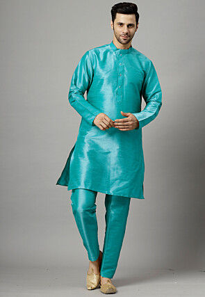 Solid Color Art Silk Kurta Set in Sky Blue