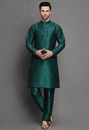 Solid Color Art Silk Kurta Set in Teal Green