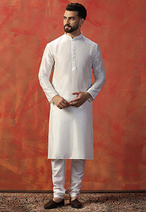 Solid Color Art Silk Kurta Set in White