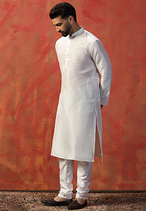 Solid Color Art Silk Kurta Set in White