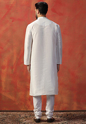 Solid Color Art Silk Kurta Set in White
