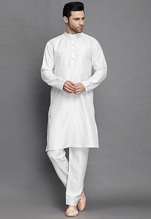 Solid Color Art Silk Kurta Set in White