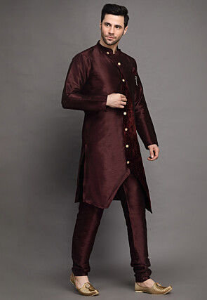 Solid Color Art Silk Kurta Set in Wine