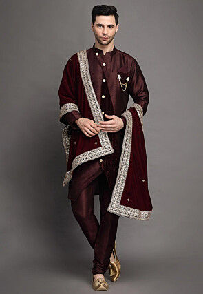 Solid Color Art Silk Kurta Set in Wine