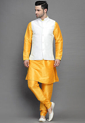 Solid Color Art Silk Kurta Jacket Set in Yellow and White