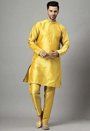 Solid Color Art Silk Kurta Set in Yellow