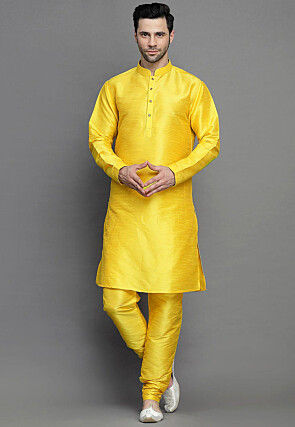 Solid Color Art Silk Kurta Set in Yellow