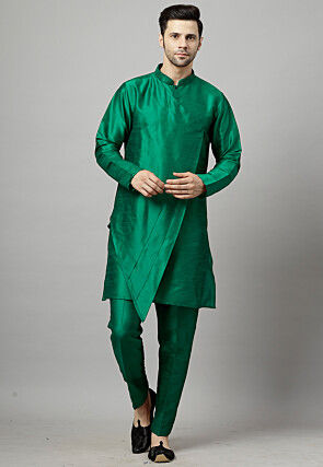 Solid Color Art Silk Layered Kurta Set in Dark Green